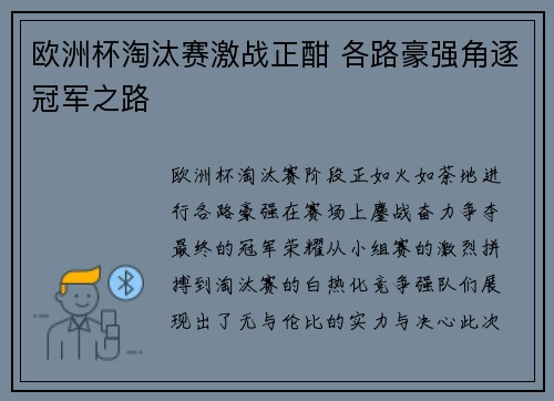 欧洲杯淘汰赛激战正酣 各路豪强角逐冠军之路